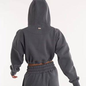 Sudaderas con capucha de punto recortadas para mujer de entrenamiento activo, ropa de calle informal, hombro caído, logotipo frontal transpirable ecológico para invierno - Product Image 5