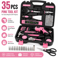 Kit d'outils domestiques manuels OEM 35 pièces rose avec grattoir pour femmes, idéal pour la réparation et l'entretien DIY, avec mallette de transport