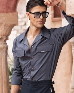 Chemise Homme Manches Longues Cosmic Gris Col Pointu Cuban - Product Image 4