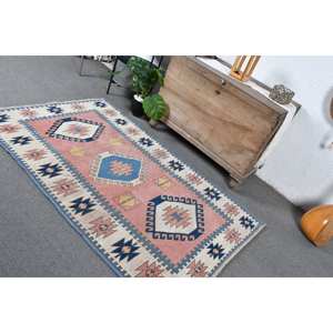 Vintage Turkish Bohemian Pink <b>Blue</b> <b>Rug</b> 3.9 X 6 ft Wool Large Area Patchwork Design for Hallway <b>Bedroom</b> Latex Room Bedside - Product Image 4