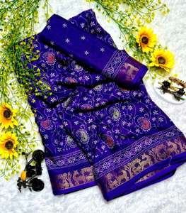 Sarees de Seda de Algodón Suave para Mujer con Diseño de Pluma y Borde de Tejido Zari en Contraste, Saree Indio - Product Image 5