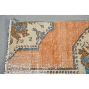 Alfombra Turca Pequeña de 1,6x3,3 pies, Alfombra Vintage, Alfombra de Lana con Diseño Floral Azul y Naranja - Product Image 4