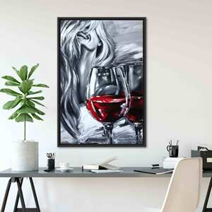 Toile imprimée avec motif de femme moderne et vin - Art mural élégant pour la décoration de la maison, encadrée en noir - Product Image 1