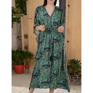 Kaftán de Seda Verde con Estampado Paisley para Mujer, Traje de Baño # 1623 - Product Image 1