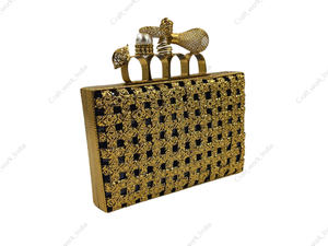 Handcrafted <b>Gold</b> Metal Floral Grid <b>Clutch</b> with Ornate Knuckle Handle Luxury Designer Statement Party Evening Handbag bridal <b>bag</b> - Product Image 3