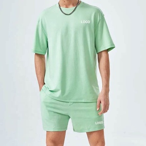 Ensemble de survêtement deux pièces d'été pour hommes, respirant 100% coton, t-shirt et short de haute qualité, tenue de fitness, vente en gros - Product Image 3