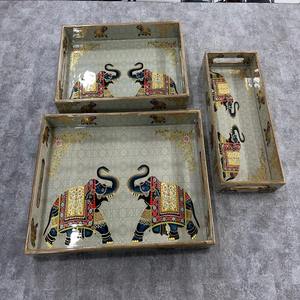 Lujosas bandejas de madera de diseño étnico para servir, Combo 3 en 1 para comedor, decoración del hogar, cocina, sala de estar, vajilla, bebida - Product Image 1