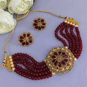 Indian Traditional Choker Necklace <b>Floral</b> Faux Pearl Beaded Multi Layered Crystal Wedding Manufacture Stud Earring Set, Maroon - Product Image 2