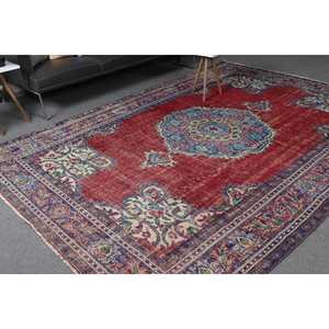 พรมวินเทจสไตล์ตุรกี ขนาดใหญ่พิเศษ 7.2x10.6 ฟุต พรมลายต้นไม้และพืชสีแดงน้ำเงิน ทำจากขนสัตว์ - Product Image 1