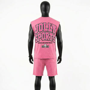 Ensemble short et t-shirt sans manches pour homme, en molleton de coton 270 GSM, motif imprimé rose en relief - Product Image 3