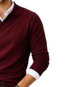 Suéter Polo de Punto Fino Personalizado para Hombre, Manga Larga, Cuello con Botones, Estilo Casual Elegante, Jersey de Invierno en Color Vino Borgoña - Product Image 3