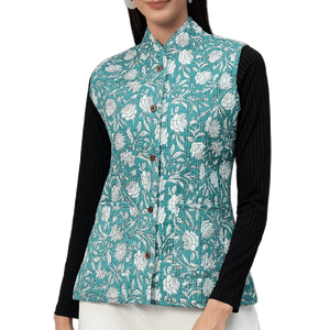 Femmes beau coton indien main bloc imprimé Kantha vestes Designer réversible demi manches matelassé hiver automne Floral - Product Image 1