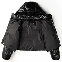 Jaket Puffer Wanita Berkilau Hitam Berkerudung Model Crop Tahan Angin untuk Musim Dingin