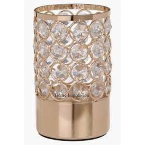 Forma cilíndrica, marco de Metal chapado en oro, portavelas con cuentas de cristal y votivo, festivo y fiesta, decoración de centro de mesa - Product Image 1