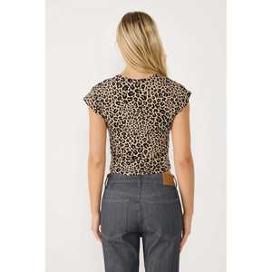 Camiseta Corta Informal con Estampado de Leopardo para Mujer, 100% Algodón, Talla XS, Transpirable, Cuello con Lazo, Estampado Animal, Ajuste Holgado, con Letras - Product Image 6