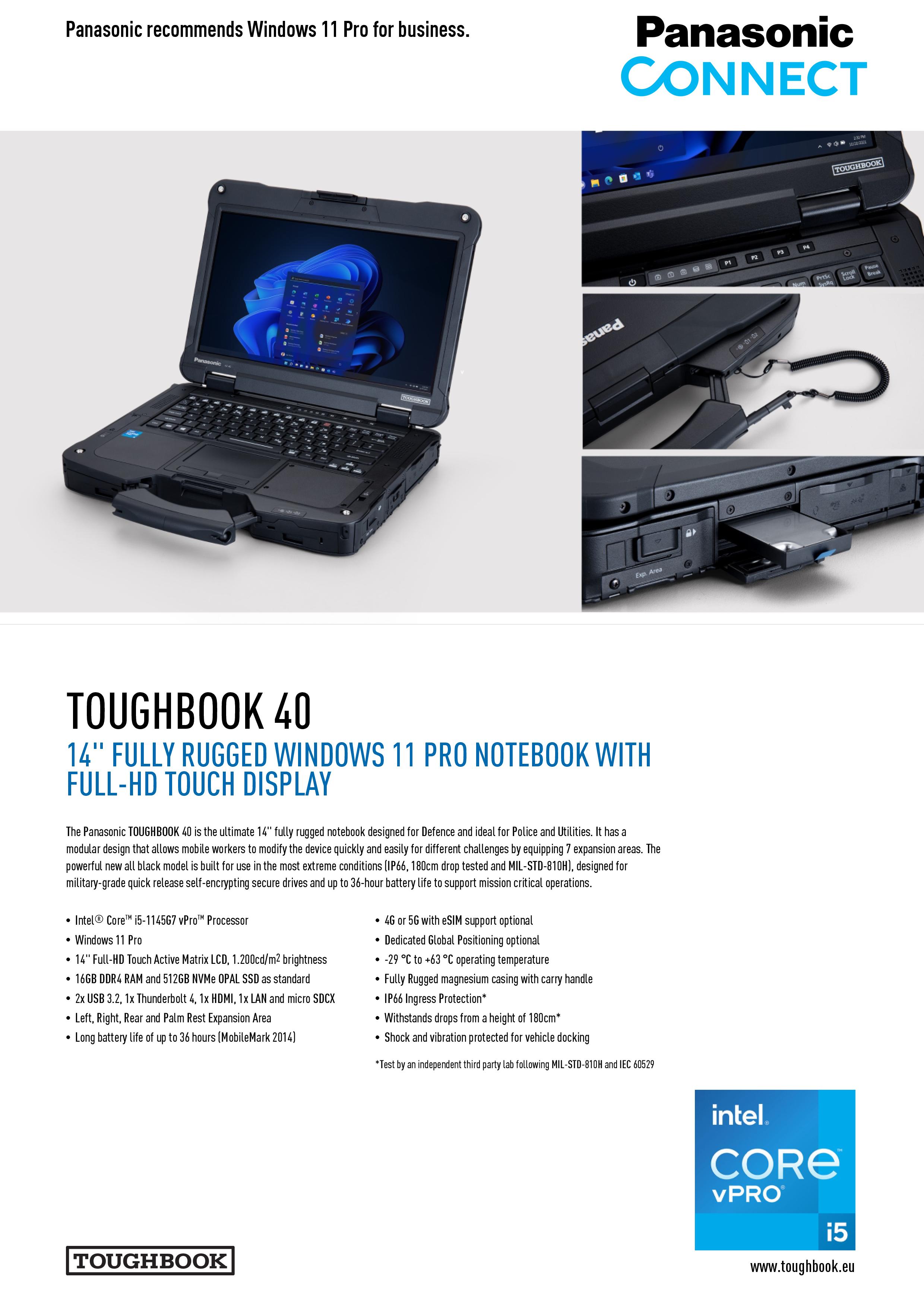 TOUGHBOOK 40 - Modular fully rugged notebook with a 14" active-matrix colour touch LCD, Robust magnesium housing IP66