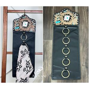 Nouveau porte-serviettes mural en cuir de vache avec motif floral turquoise, crochet mural, organisateur de serviettes de cuisine, porte-linge suspendu, décoration de la maison - Product Image 1