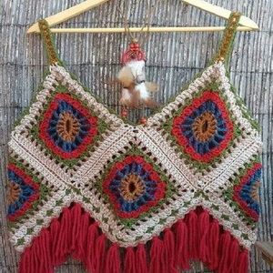Fait à la main bohème crochet maillot de bain Sexy dos nu femmes plage natation glands ethnique Bikini Boho Crochet licou femmes haut - Product Image 2