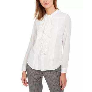 Top da Donna Calvin Klein con Bottoni e Volant, Logo Ricamato, Bianco, Taglie XS-XL, per Ufficio, Autunno, in Chiffon e Popeline Lavorato a Maglia - Product Image 1