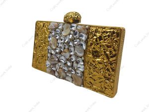 Handcrafted <b>Gold</b> Metal <b>Clutch</b> with Mother of Pearl and Crystal Panel Luxury Designer Evening Statement Bag Handbag for women - Product Image 2