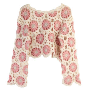Suéter Rosa Tejido a Mano con Cuello Redondo, Diseño Floral Calado Sexy, Jersey Corto Vintage para Otoño e Invierno - Product Image 2