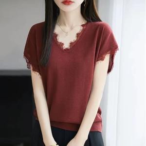 เสื้อยืดลำลองคอวีแขนสั้นเข้ารูปสำหรับผู้หญิงใส่ในฤดูร้อนเสื้อยืดคอวีแขนสั้นลายพิมพ์ดิจิตอลดีไซน์แบบถัก - Product Image 5