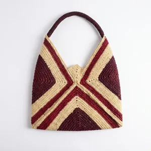 Grand sac fourre-tout bohème en raphia fait main, écologique, avec motif chevron à panneaux, en beige, à ouverture supérieure, pour usage quotidien - Product Image 5