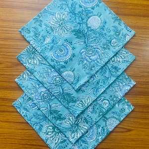 Modern Handmade Indian <b>Block</b>-Printed Cotton Napkins Ridhi's Square <b>Shape</b> in Sapphire Green & Blue for Weddings Home Parties - Product Image 2