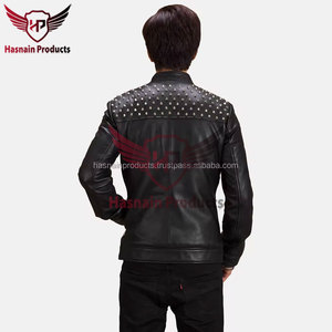 Mens Real Black <b>Silver</b> Leather <b>Jacket</b> Studded Shoulder Snap Collar Sheepskin Biker Coat Two Tone Punk Custom Winter Outerwear - Product Image 3