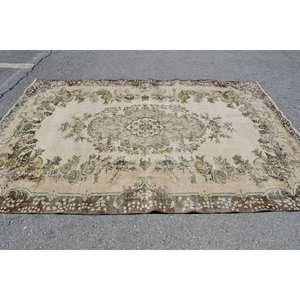 Vintage <b>Turkish</b> <b>Rug</b> Beige Green 6.5 X 9.5ft Wool Flat Weave with Patchwork Pattern for Living Room Decorations - Product Image 3