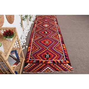 Vintage Turkish Herki <b>Rug</b> 3.2x9.9 ft, Orange <b>Runner</b> Check Wool <b>Rug</b> - Product Image 1