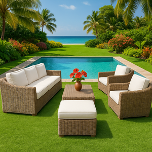 Ensemble de canapé sectionnel extérieur en osier PE avec coussins lavables et table en verre pour balcon, terrasse, cour ou hôtel - Product Image 1