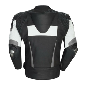 Men's Genuine Cowhide Leather Racing Motorbike Jacket Black White Grey Lines CE Protections Custom for Winter Motorcycle Riding - Product Image 2