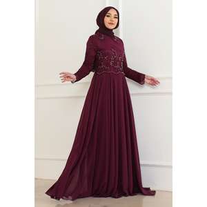 ชุดราตรีผ้าชีฟองสีม่วง 6141 ประดับมุก แต่งลายปักเลื่อม ทรงเอไลน์ ยาวกรอมพื้น เอวทรงธรรมชาติ - Product Image 1