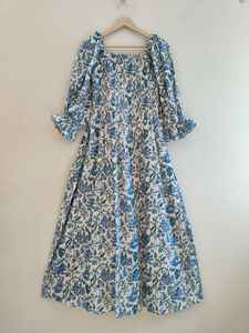 Vestido de Mujer, Vestido Largo de Algodón con Estampado a Mano, Vestido Largo con Escote Cuadrado y Fruncido, Vestido de Verano de Algodón - Product Image 6