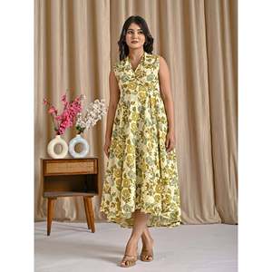 Vestido informal de algodón estampado color crema mostaza, transpirable, con cintura natural, diseño personalizado para el día a día, ideal para el verano. - Product Image 4