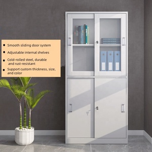 Meuble de rangement métallique démontable avec porte coulissante en verre et étagères pour bureau, école et maison - Product Image 4