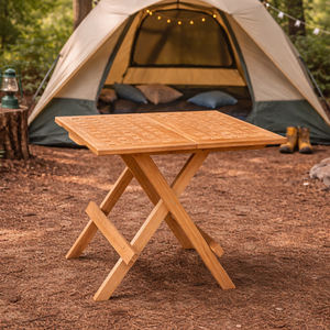 Table de pique-nique pliante en teck d'extérieur, design à pieds en X |   Table à manger portable en teck massif à hauteur réglable pour jardin et terrasse - Product Image 2