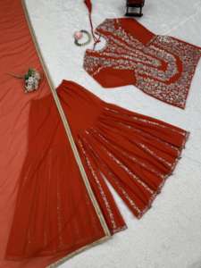 Vente en gros de tenue Sharara en Foux Georgette avec broderie et travail de séquence, tenue Sharara ethnique pour les fêtes - Product Image 6