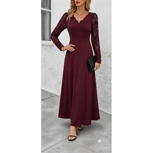 Robe en crêpe scintillante à manches longues, col en V ondulé, bordée de dentelle, pour femme, 37531 - Bourgogne - Product Image 2