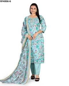 Elegante conjunto de Kurti de algodón con estampado de lámina bordado cuello de viscosa trabajo a juego inferior y Ropa Étnica cosida dupatta fluida - Product Image 3