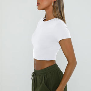 Top court blanc pour femmes, manches courtes, coupe ajustée, en coton, extensible, bodycon, été, décontracté, streetwear, basique, tendance 2025 - Product Image 4