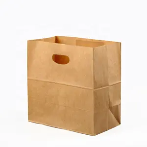 Embalaje de alimentos personalizado para llevar, bolsas de compras de papel kraft marrón con asas, fondo cuadrado plano
