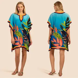 Beach Style Tropical Floral Printed Women Tunic Top Short Length Soft Silk Crepe Kaftan Dress