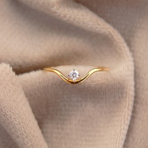 Women's 18K Solid Gold Luxury Minimalist Round Cut <b>Ring</b> with Curved Prong Setting <b>Thin</b> Band Fine Moissanite Wedding Band - Product Image 1