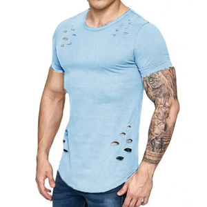 Últimos estilos Hombres Rasgado Agujero Camisetas Nueva moda 100% Algodón Top Fabricante Hombres Rasgado Agujero Camisetas - Product Image 1