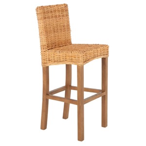 Tabouret de bar en rotin naturel avec dossier tissé et cadre en bois Chaise en osier fabriquée à la main pour la cuisine et la salle à manger - Product Image 1