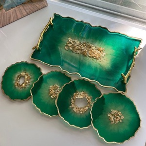 Bandeja decorativa de resina con asas doradas, bandeja de resina auténtica, joyería hecha a mano, bandeja de Perfume Catchall para mostrador, tocador - Product Image 1