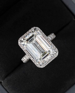 12x8mm <b>Emerald</b> Cut Moissanite Diamond Halo Engagement <b>Ring</b> in <b>Silver</b> | Statement Bridal Wedding Jewelry - Product Image 1