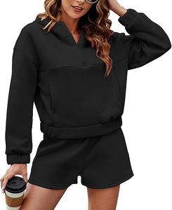 Logo personnalisé Ensemble de vêtements de sport décontractés 2 pièces pour femmes Sweat à capuche et short de survêtement en tricot à motif solide pour l'automne et l'hiver - Product Image 1